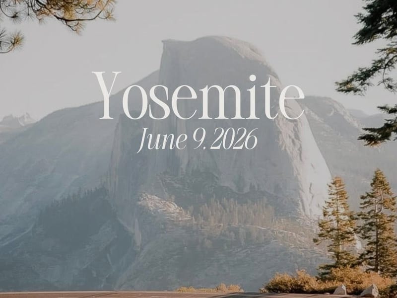 Windy road with view of Half Dome, a rounded mountain in Yosemite National Park. Text: Yosemite June 9, 2026 by Pizzazz Styled Shoots